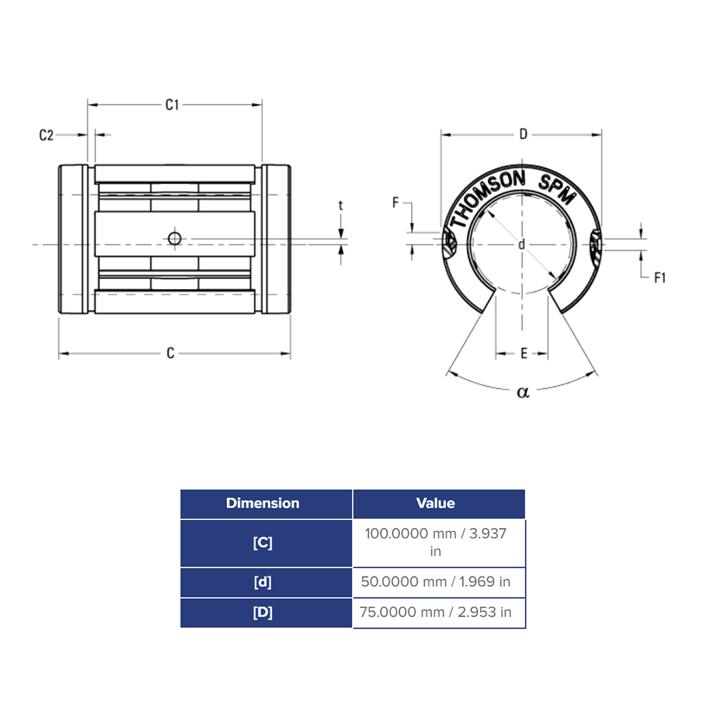 SPM50OPN THOMSON BALL BUSHING SPM SERIES 50MM OPEN LINEAR BEARING SELF ALIGNING 2810.1 LBF